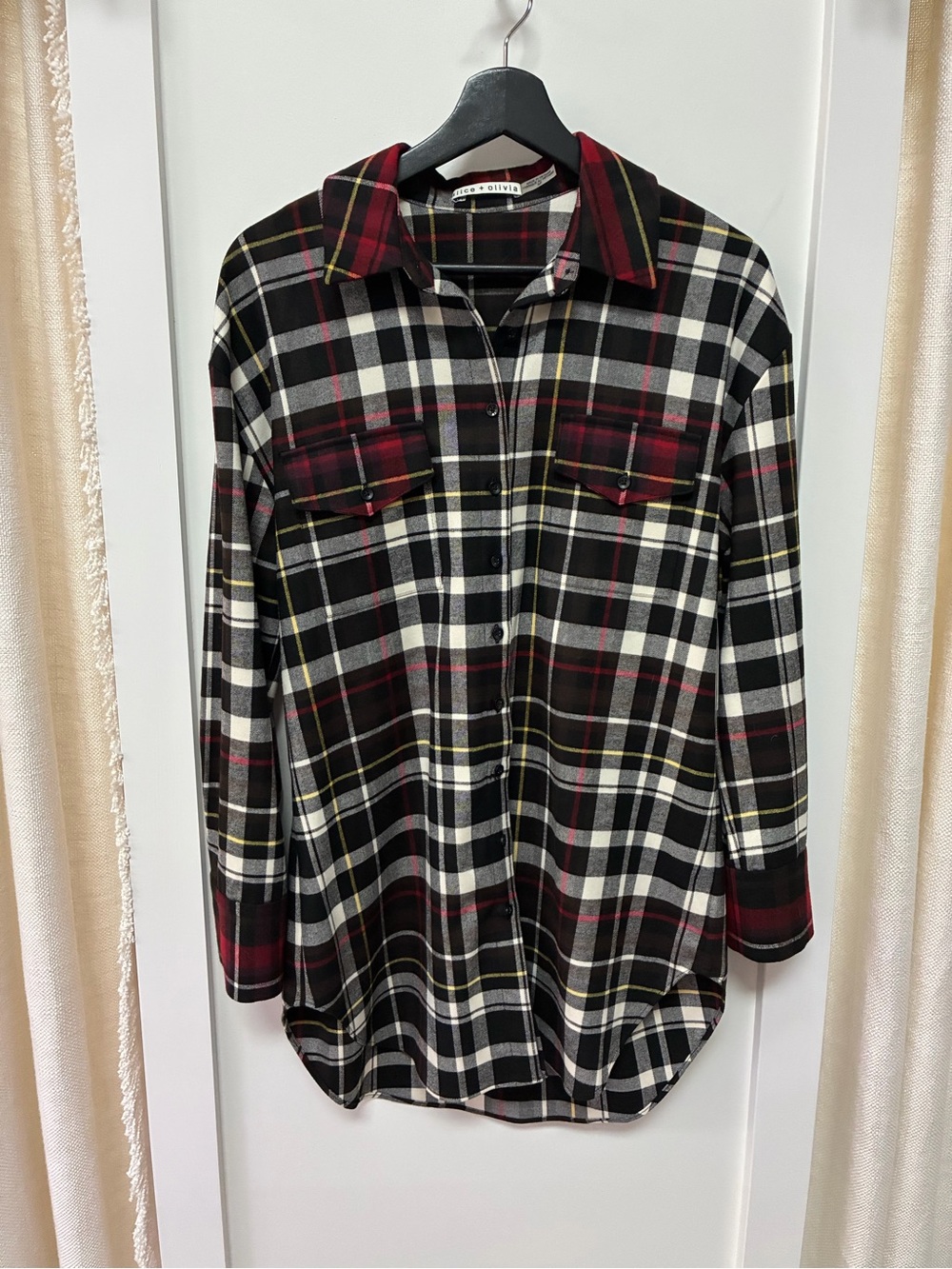 Alice + Olivia Long Black and Red Plaid Flannel Button-Front Shirt